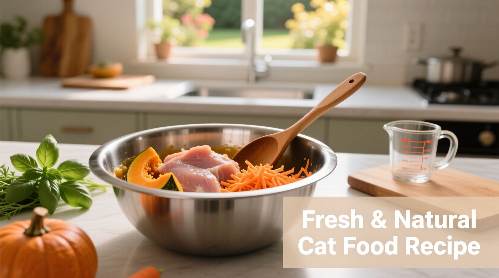 Homemade cat food preparation with fresh ingredients