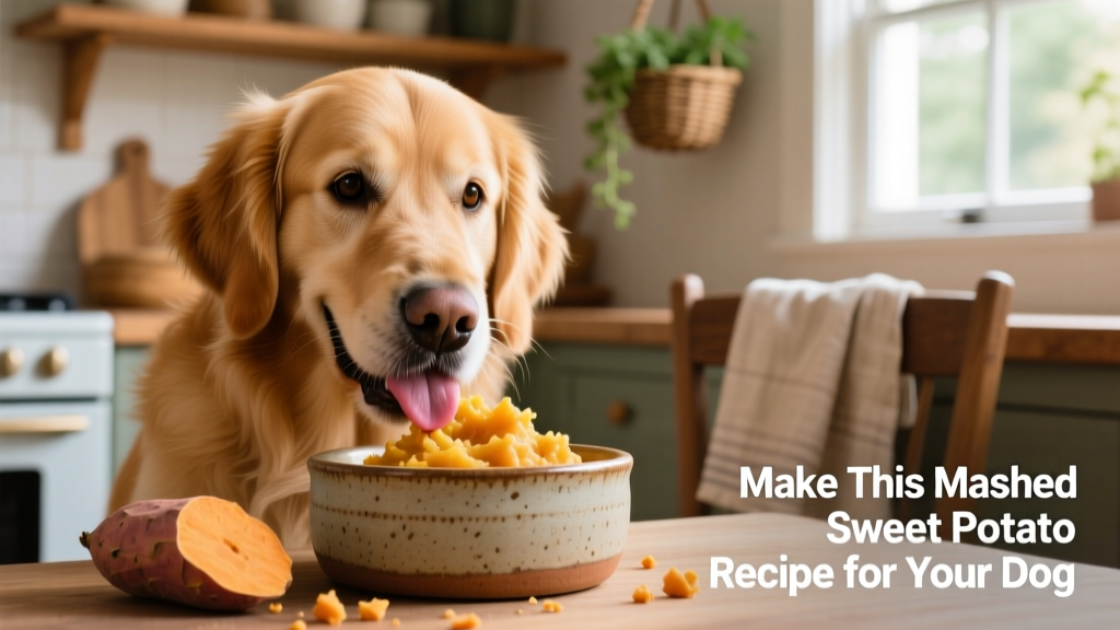 A golden retriever happily eating mashed sweet potatoes from a ceramic dog bowl