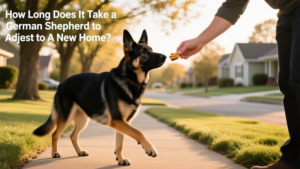 A gentle hand offering a treat to a slightly hesitant but curious German Shepherd during an outdoor walk in a quiet neighborhood