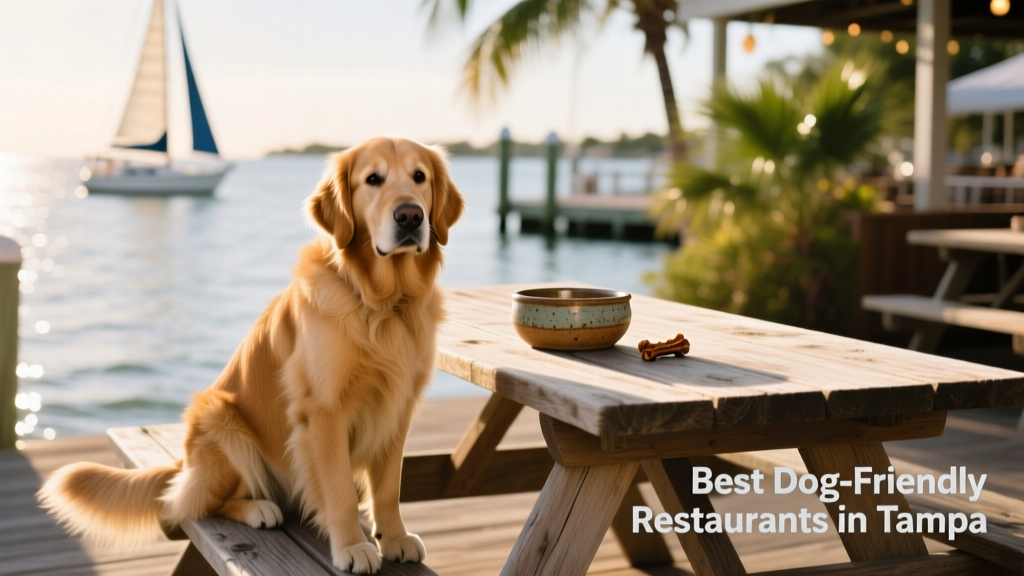 A golden retriever sitting calmly beside a wooden picnic table at a waterfront restaurant, with a water bowl and a small treat nearby