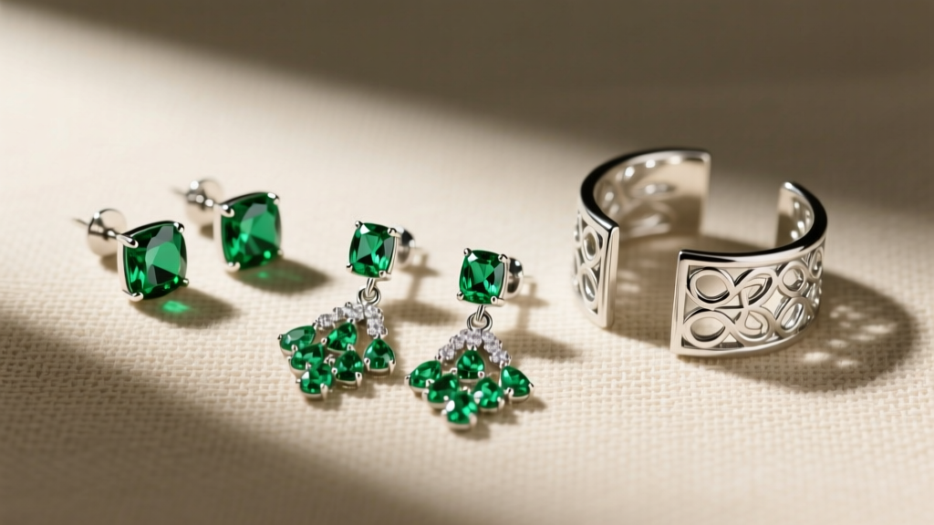 Flat lay of peridot earrings sterling silver designs including studs, drops, and ear cuffs on a textured beige linen background.