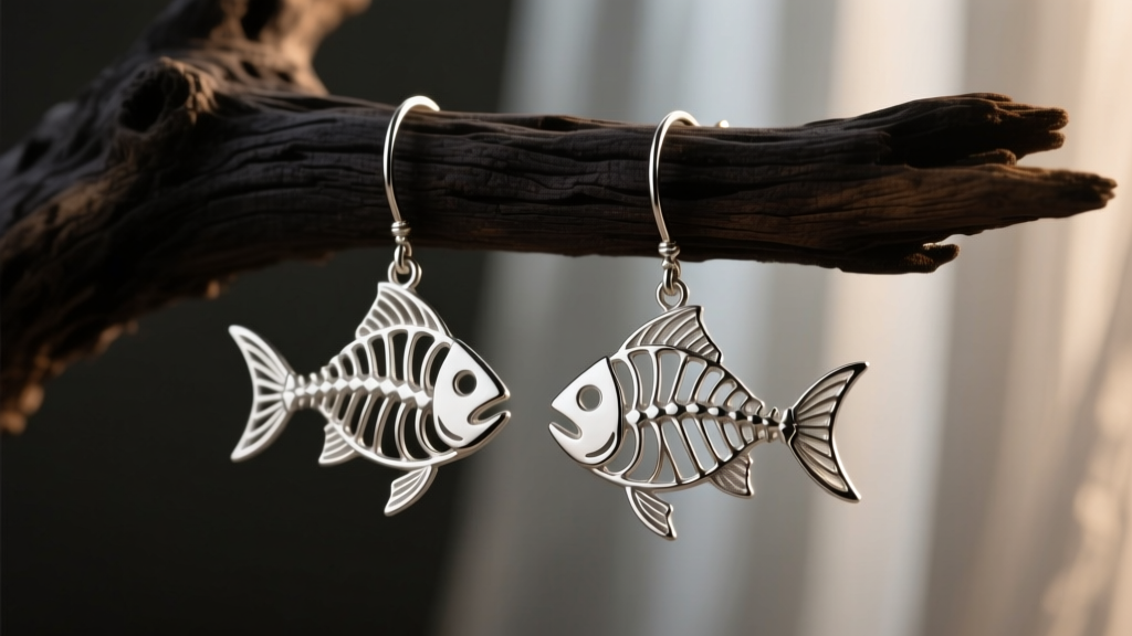 Macro photography of a pair of 925 sterling silver skeleton fish dangle earrings hanging from dark driftwood, soft moody lighting