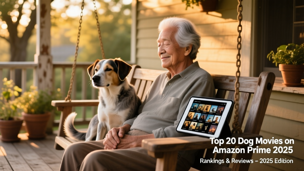 An older adult and a senior mixed-breed dog sitting side-by-side on a sunlit porch swing, looking peacefully content