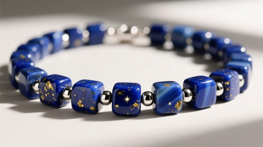 Macro shot of a lapis lazuli square bead necklace with silver spacers, showing deep blue stone and natural golden pyrite flecks