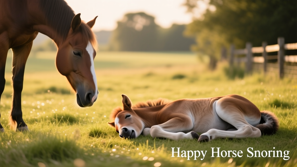 Side-by-side comparison: a horse standing calmly with eyes half-closed (light sleep), and another lying fully recumbent on soft grass (deep sleep)