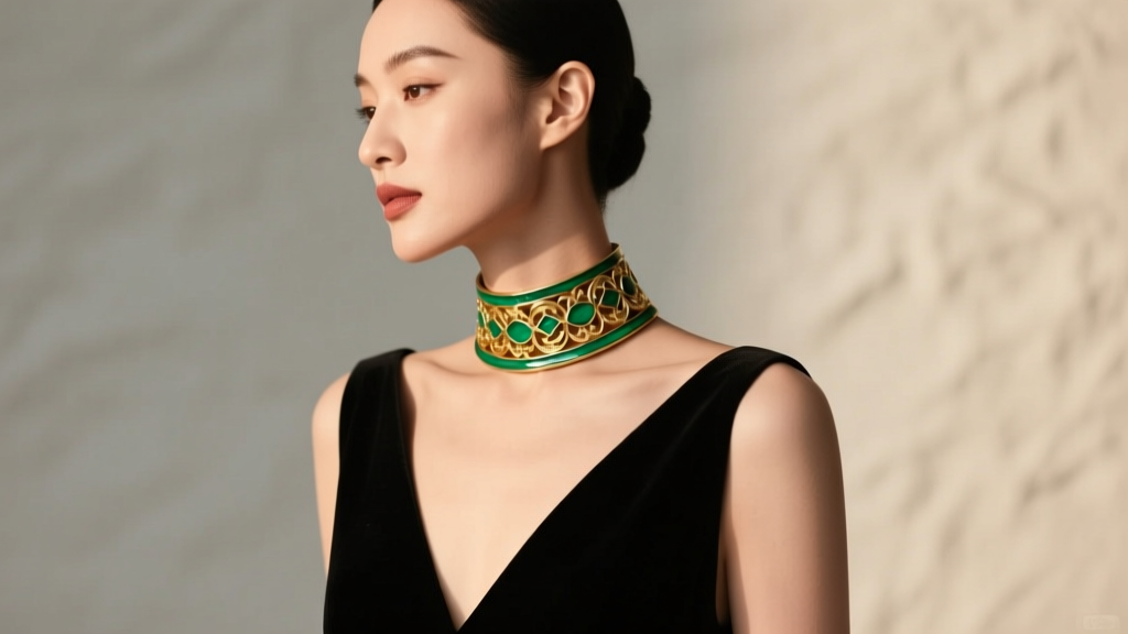Woman wearing a delicate 15-inch gold and green enamel choker necklace with a black V-neck evening gown, profile view, soft lighting.
