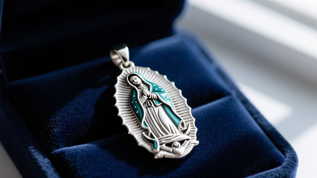 Close-up of a polished 925 sterling silver Virgen de Guadalupe medallion pendant resting on a dark velvet jewelry display pad.