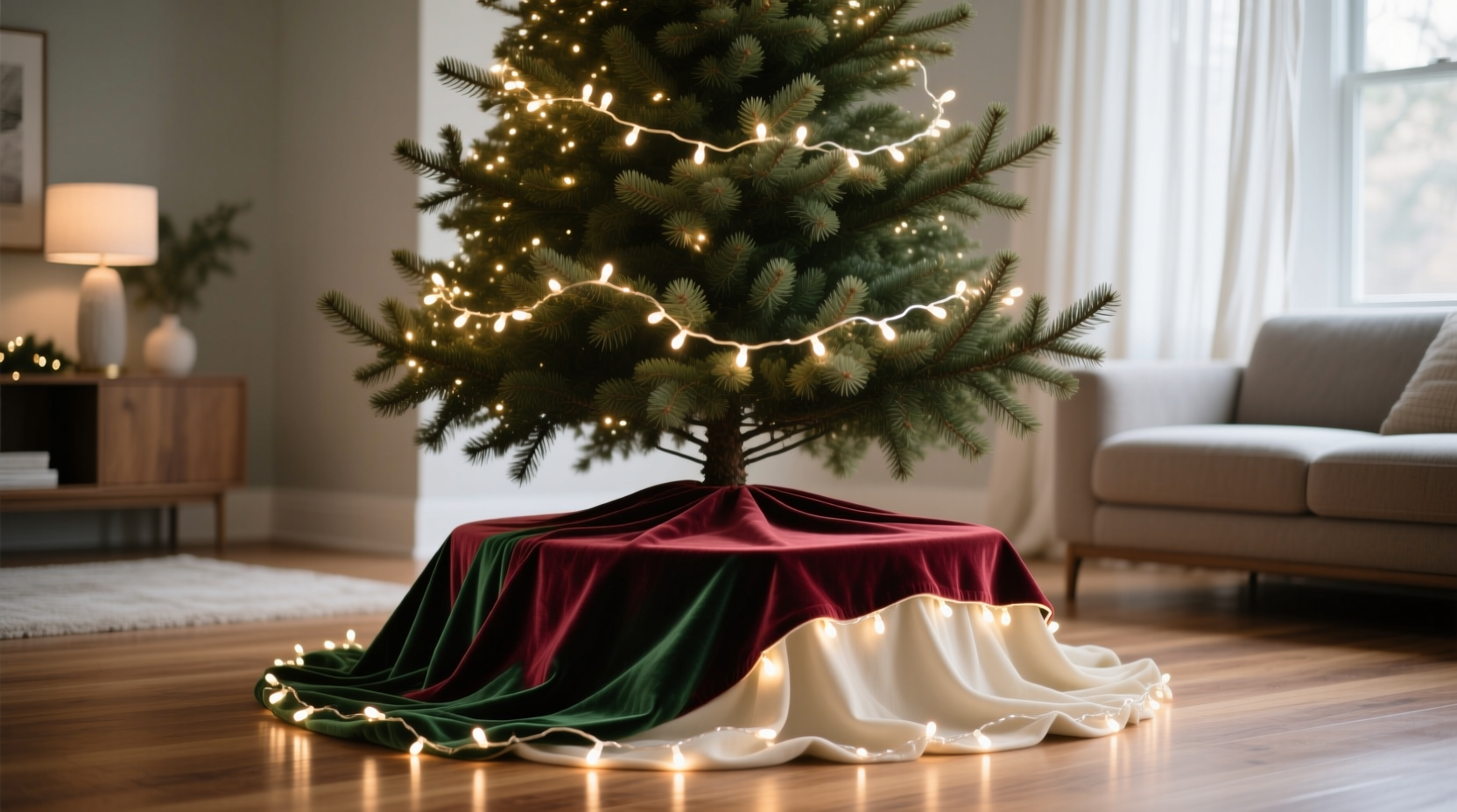 how to hide the stand of a real christmas tree elegantly with fabric or lights