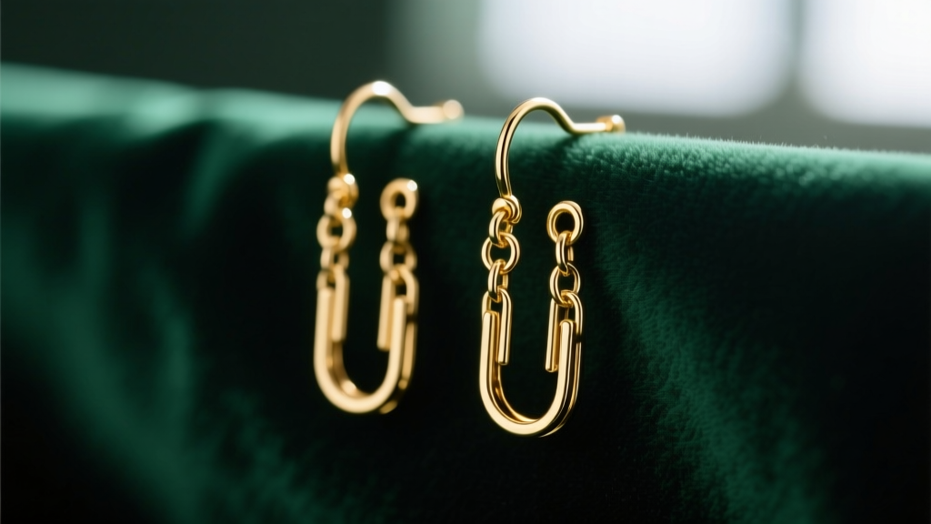 Macro photography of 14k gold paperclip drop chain earrings catching light against a blurred dark emerald green velvet backdrop
