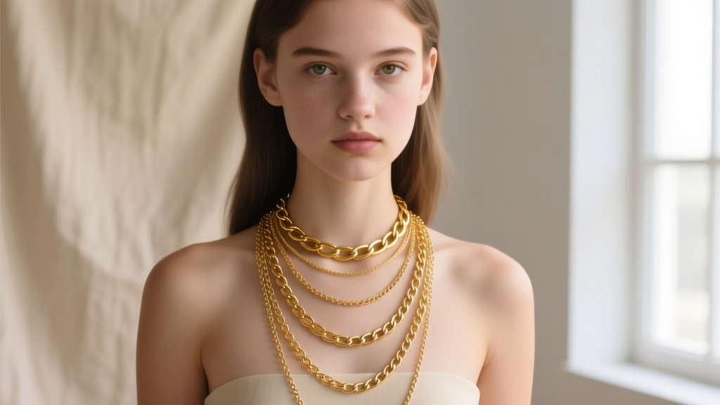 Woman wearing layered gold necklaces at 14, 16, and 18 inches, showing how varying lengths fall across the collarbone and chest.