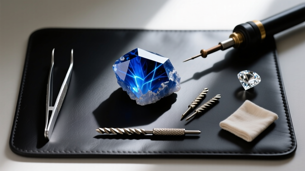 Overhead shot of jewelry tools, a raw blue sodalite block, and carving burrs neatly arranged on a dark leather workbench mat.