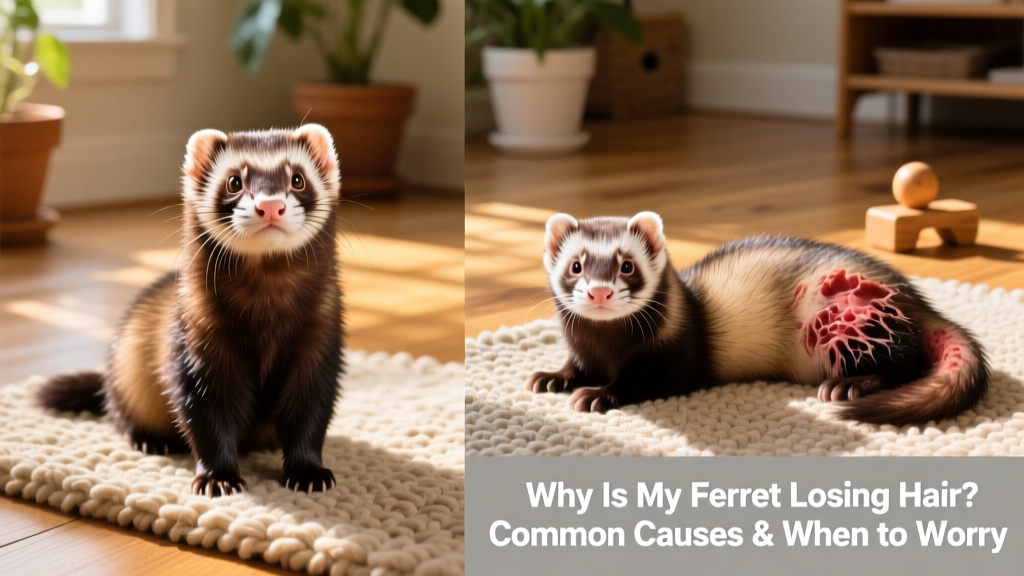 Side-by-side comparison: healthy ferret with full coat vs. ferret with symmetrical hair loss starting at the tail