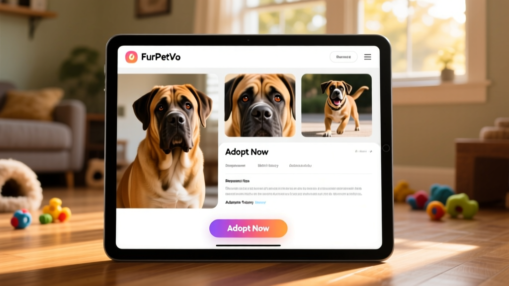 Screenshot-style image showing a well-designed FurPetVo profile page for a Mastiff, with photos, bio section, and 'Adopt Now' button