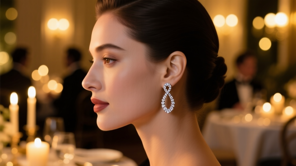 Woman wearing delicate infinity diamond drop earrings, captured in profile against a blurred bokeh background of an evening dinner.