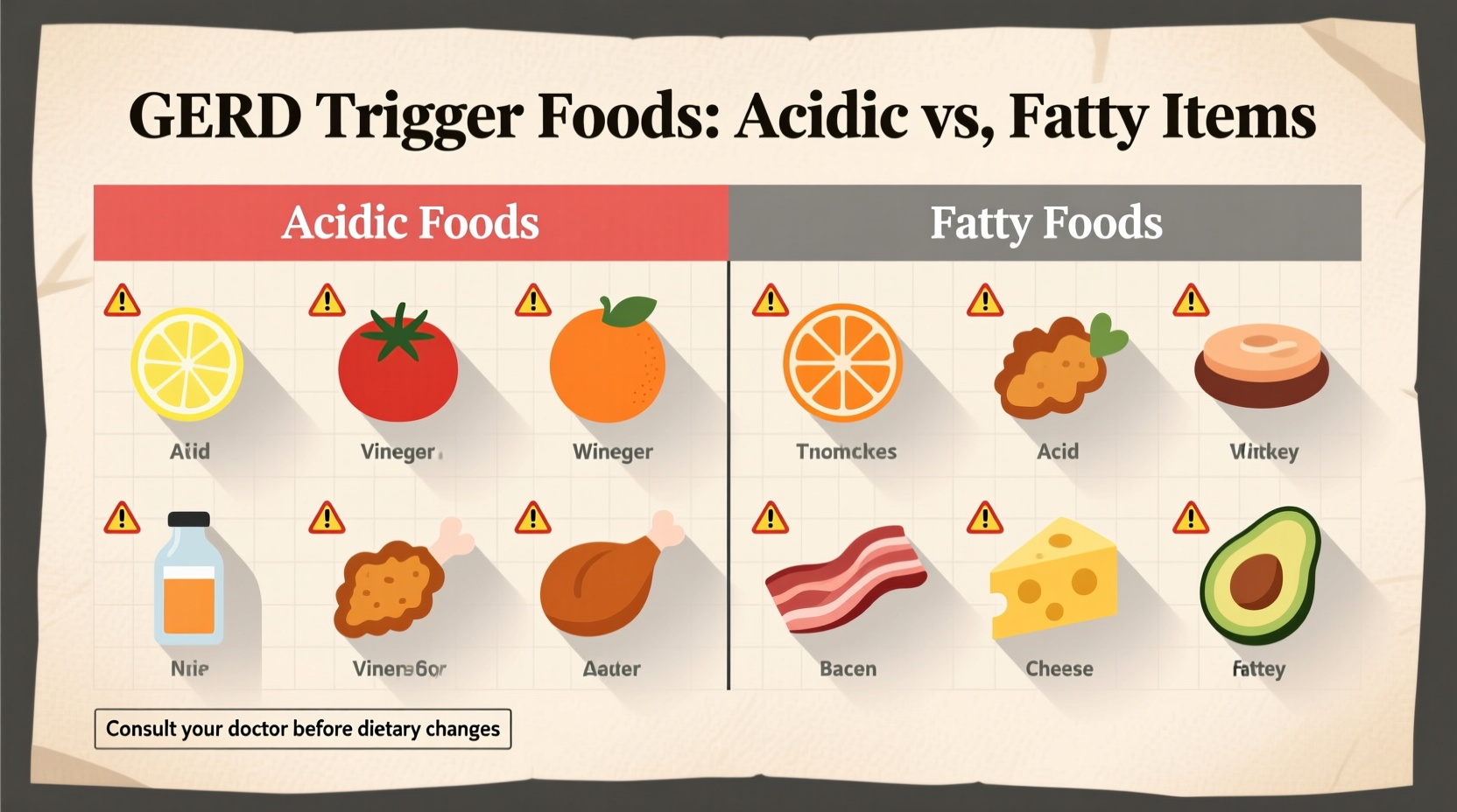 GERD trigger foods comparison chart showing acidic and fatty items