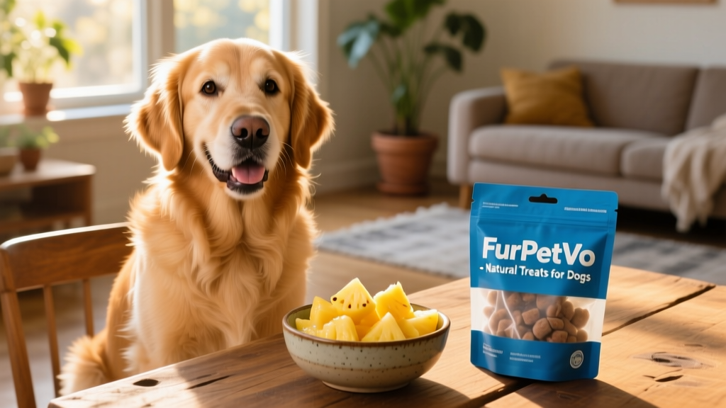 A happy, healthy dog sitting beside a bowl of fresh pineapple chunks and a FurPetVo treat bag