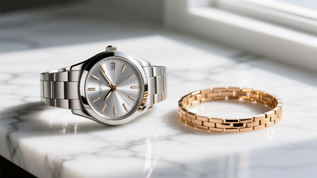 Brushed steel watch case with silver sunburst dial resting next to an 18k rose gold tennis bracelet on a white marble surface