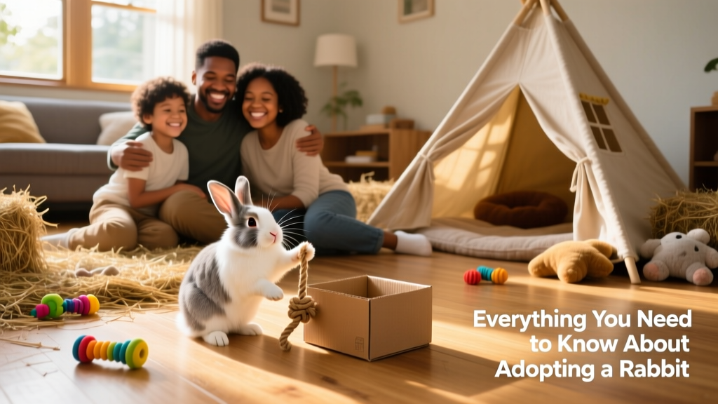 A happy family sitting on the floor with their adopted rabbit exploring a safe play area with toys, hay, and a hideout