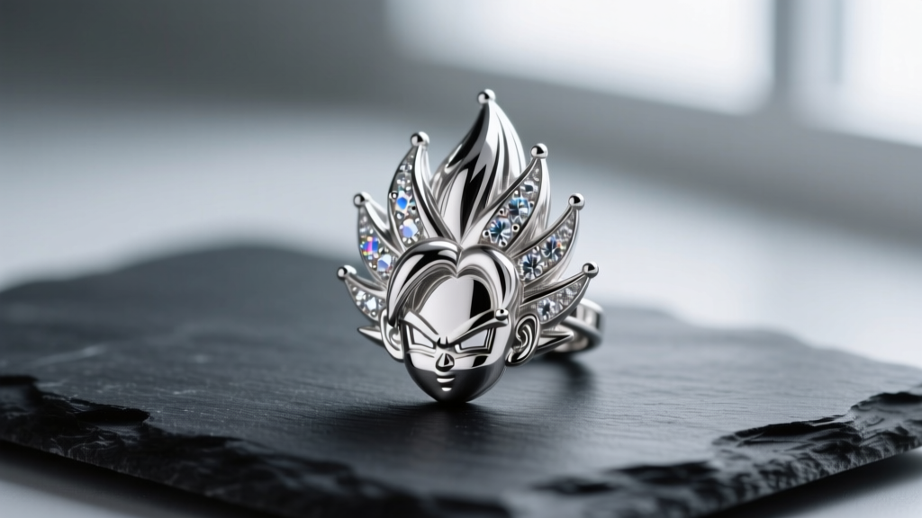 Macro shot of sterling silver Goku pendant with prong-set moissanite hair accents on a dark slate surface with soft reflections.