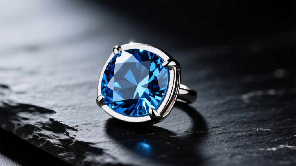 Close-up of a faceted London blue topaz pendant in a 14k white gold bezel, resting on dark slate with soft directional lighting.