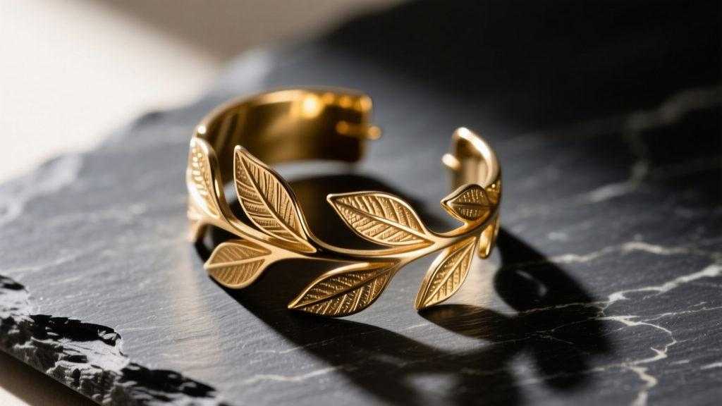 Close-up of an artisanal raw brass ear cuff with leaf motifs resting on a dark slate surface under warm directional sunlight