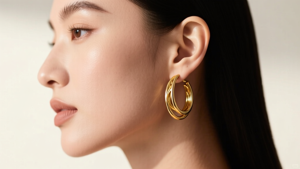 Side profile of a woman wearing gold Quince hoop earrings, showing the drop angle and weight distribution on the pierced earlobe