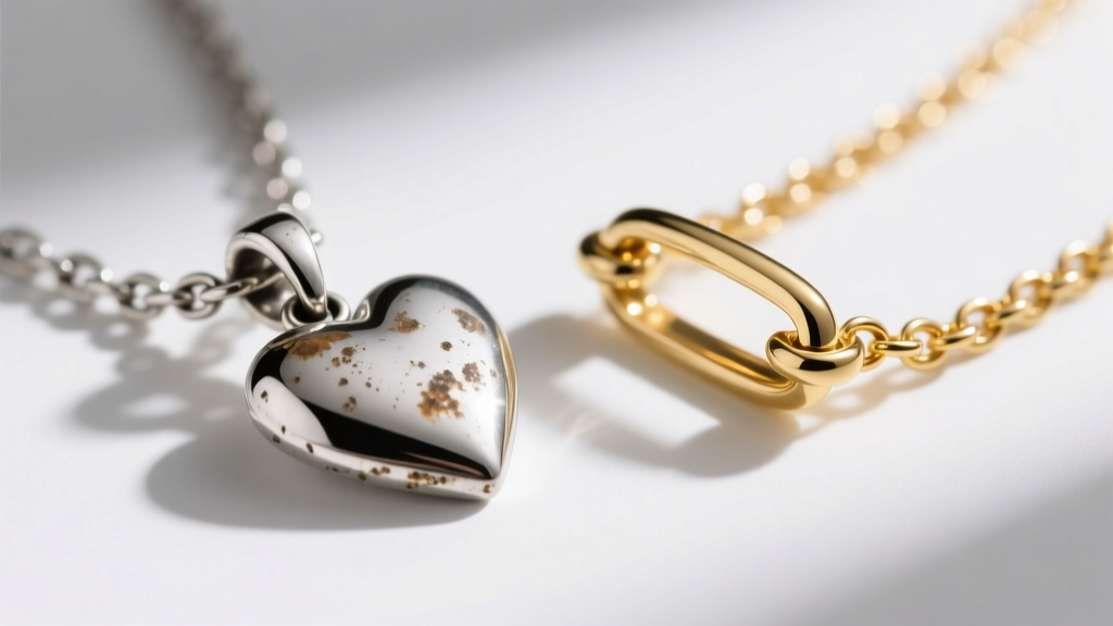 Macro photography comparing a tarnished sterling silver heart pendant chain next to a pristine 2.5-micron gold vermeil chain clasp