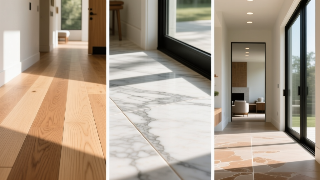 Close-up comparison of wide-plank white oak hardwood, honed Carrara marble tile, and unglazed porcelain flooring in a sunlit modern home entryway