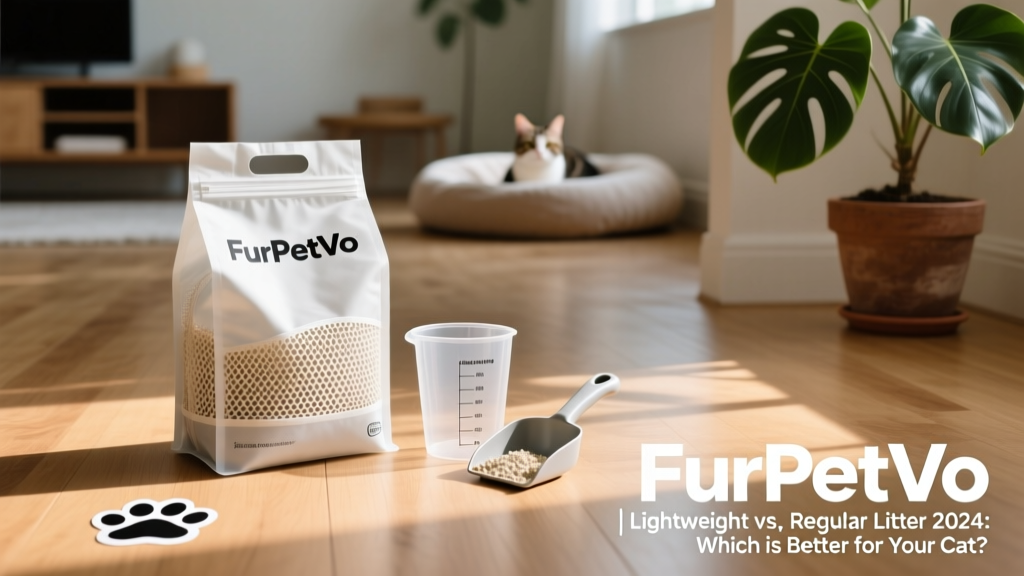 FurPetVo branded lightweight cat litter bag next to a measuring cup and litter scoop, displayed on a clean, sunlit floor