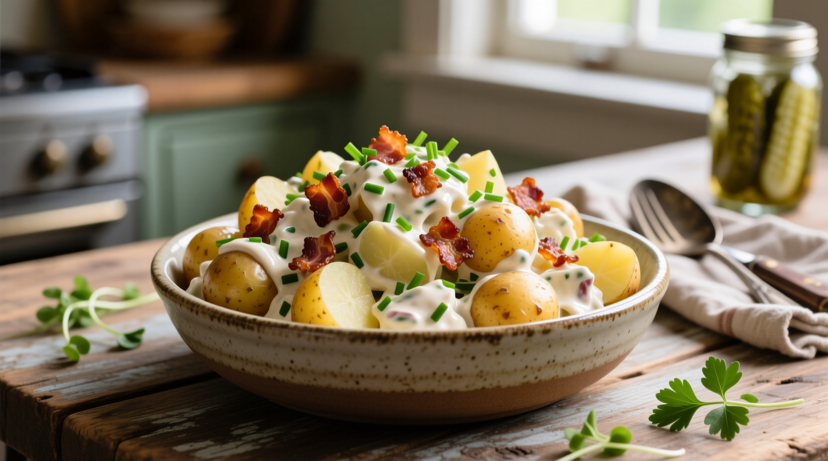 Creamy bacon ranch potato salad in serving bowl