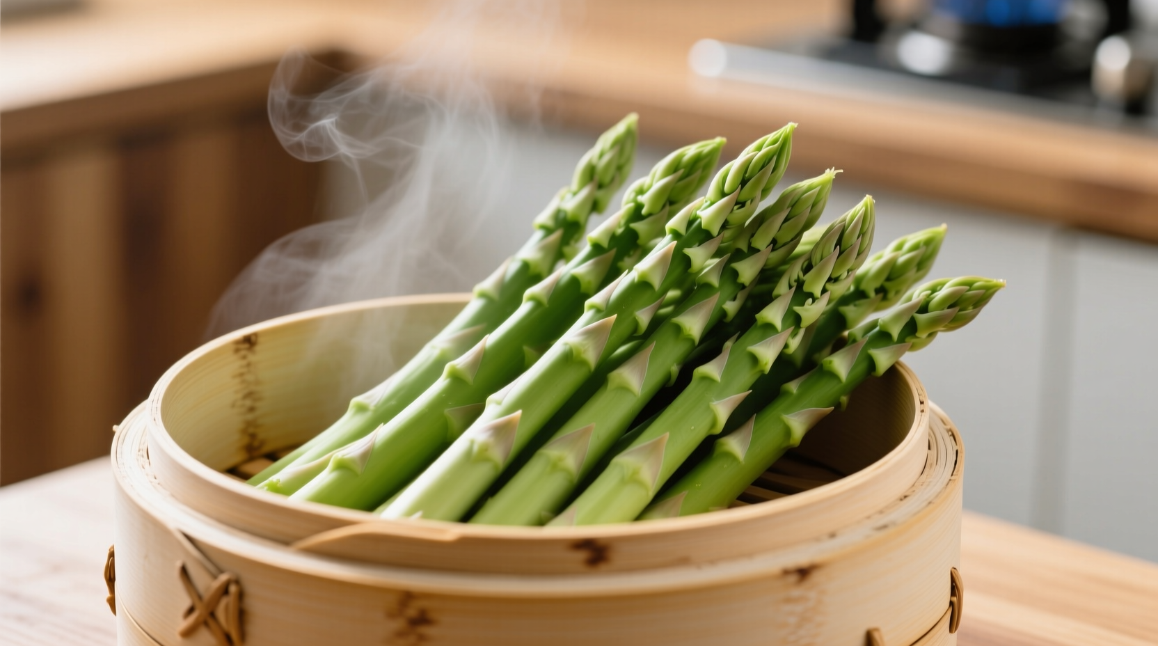 Fresh green asparagus spears arranged in steamer basket