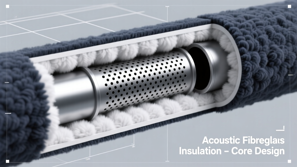 Cross-section of heavy equipment muffler showing acoustic fibreglass packing surrounding the perforated exhaust core tube.