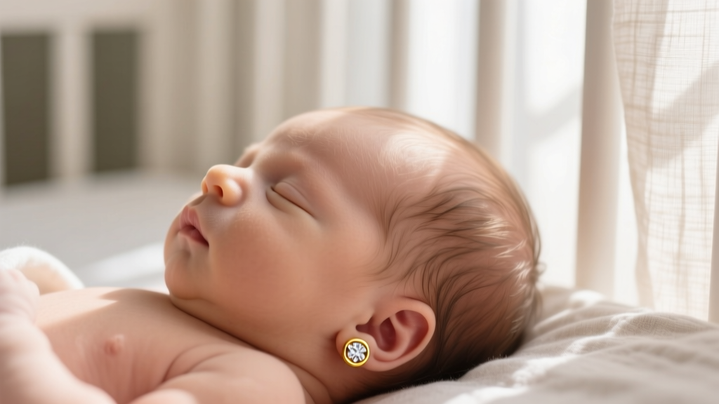 Close-up of a sleeping newborn wearing tiny 18k yellow gold bezel-set diamond stud earrings, soft natural nursery lighting