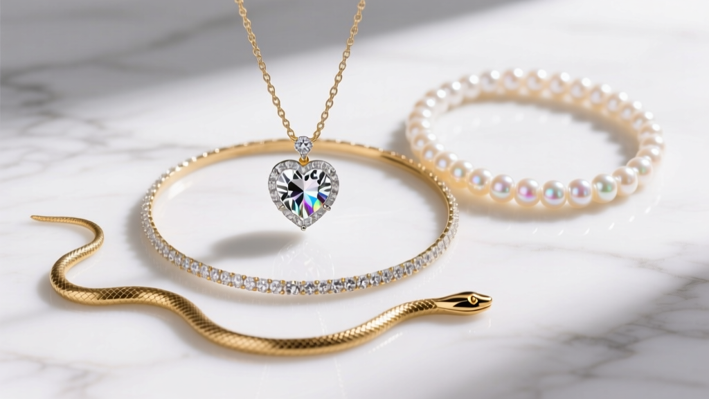 Flat lay of a layered stack with a diamond heart pendant, a pearl choker, and a gold snake chain on a white marble surface.