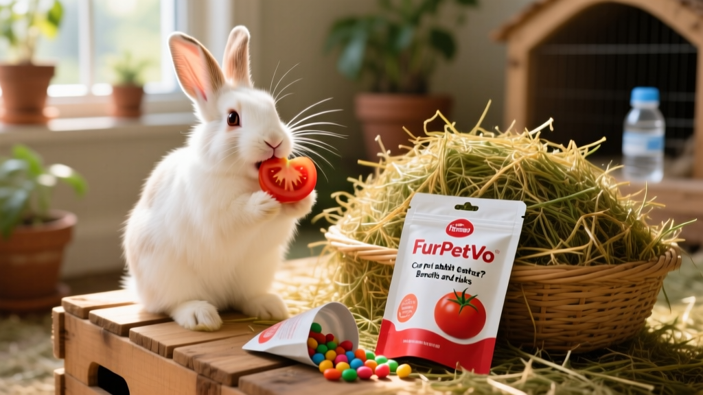 Rabbit happily eating a small tomato slice beside a large pile of fresh timothy hay and a FurPetVo branded treat pouch