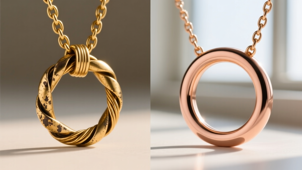 Macro comparison showing a worn gold-plated lariat chain loop with exposed brass, next to a pristine solid 14k rose gold loop.
