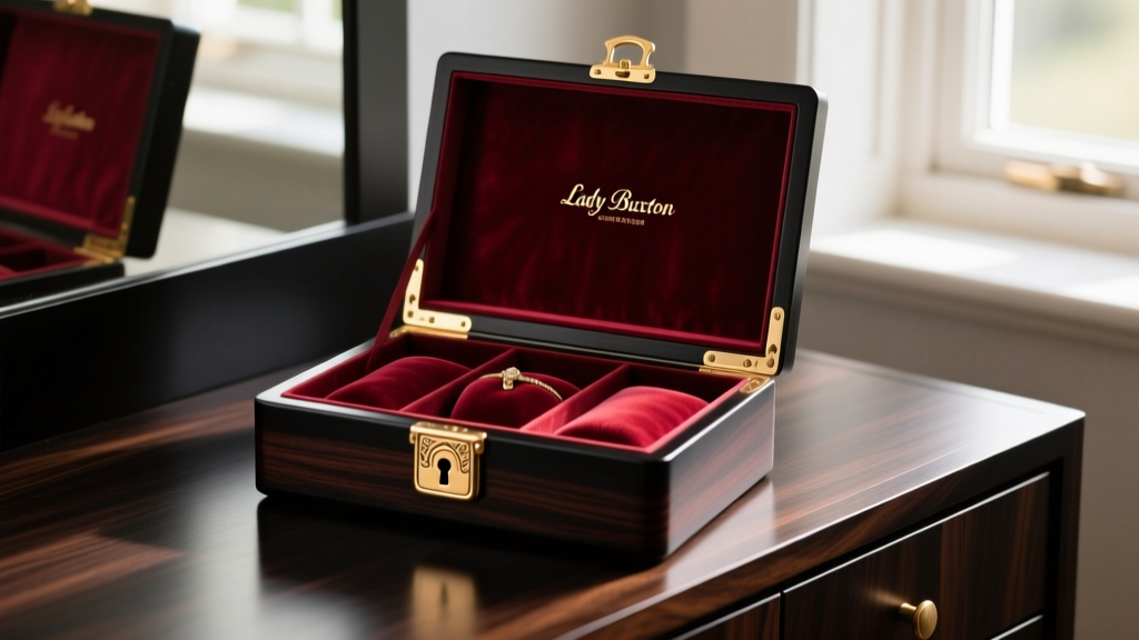 Open vintage Lady Buxton jewelry box on a dark vanity, showing plush burgundy velvet compartments and a brass lock.