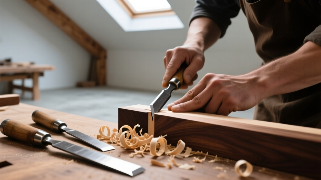 Close-up of a craftsman cutting a precise dovetail joint in dark walnut wood, with wood shavings and hand chisels resting on a well-lit workbench