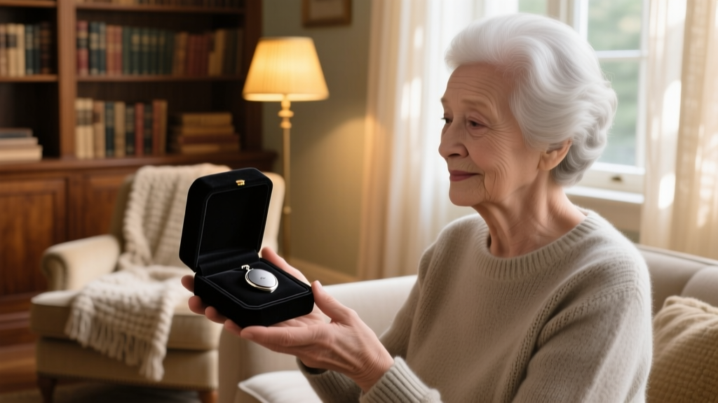 Hands gifting a black velvet box with a silicone and titanium locket to an elderly woman in a cozy, warmly lit living room space.