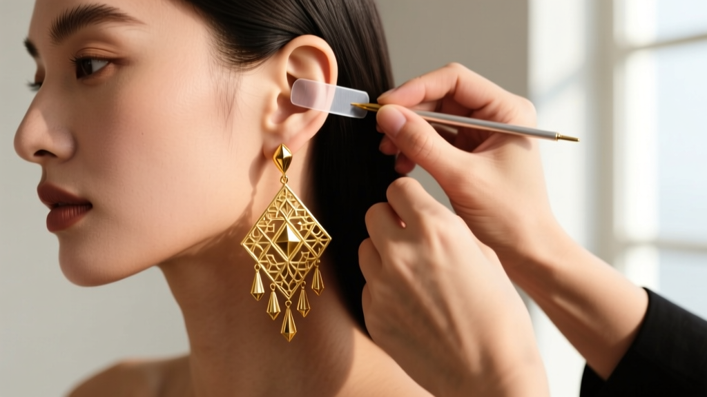 Stylist applying transparent medical-grade silicone earring tape behind an earlobe to support a heavy, ornate gold drop earring.