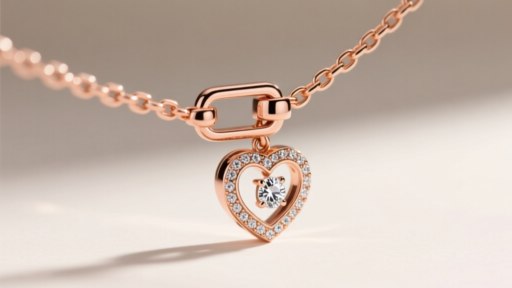 Close-up of a secure lobster clasp on a delicate 14k rose gold box chain attached to a diamond-accented initial heart necklace.