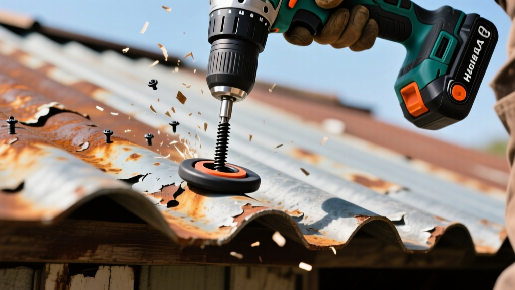 Close-up of a weathered corrugated metal shed roof being repaired with a cordless drill installing oversized EPDM washer screws