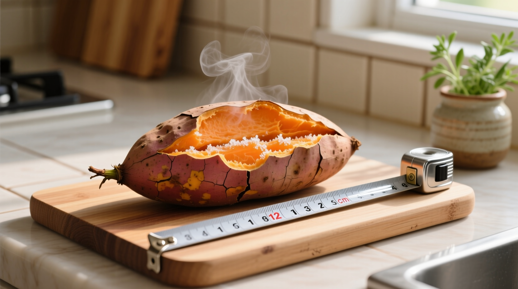 Half baked sweet potato with measuring tape