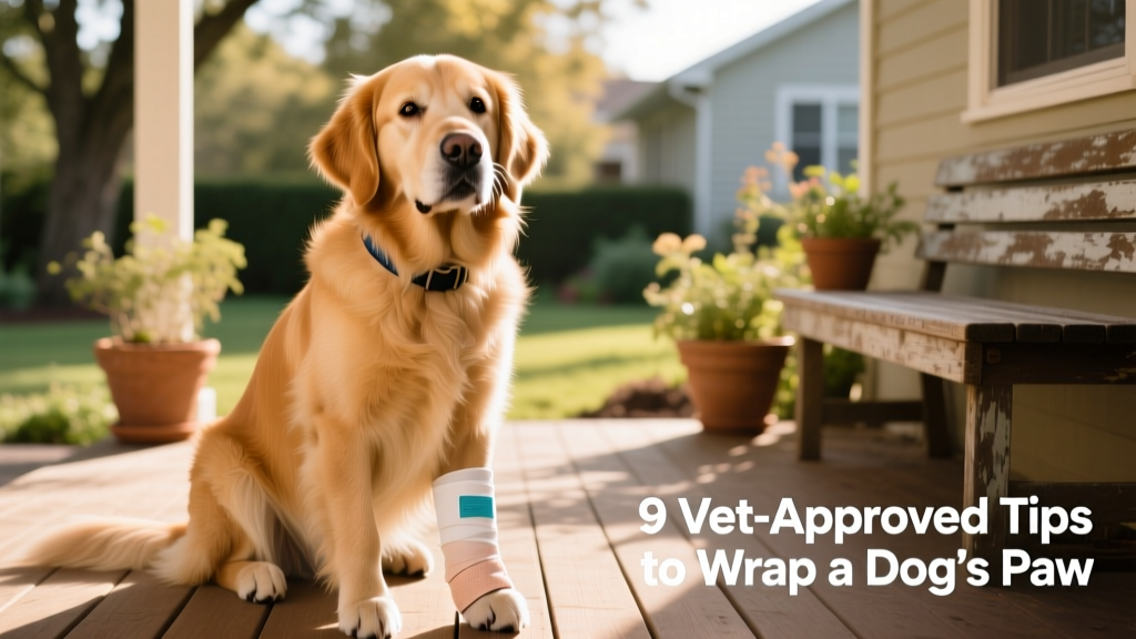 Happy dog sitting calmly wearing a soft recovery collar and lightly wrapped paw