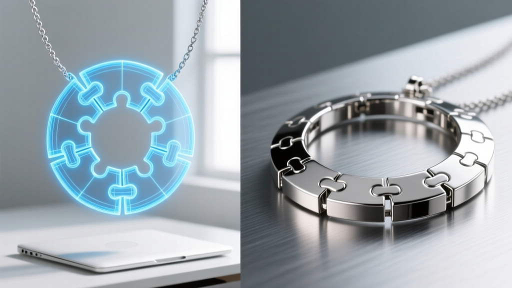 Screen displaying a 3D CAD wireframe model of a circular five-segment puzzle necklace next to a finished silver prototype.