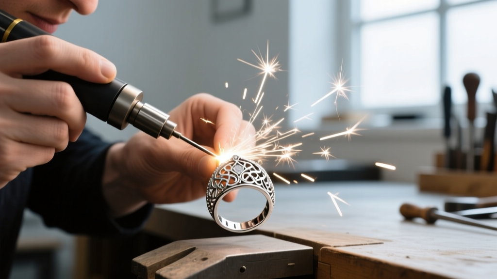 Jeweler using a laser welder to repair a fragile Edwardian platinum filigree ring, showing bright sparks and precise targeting.