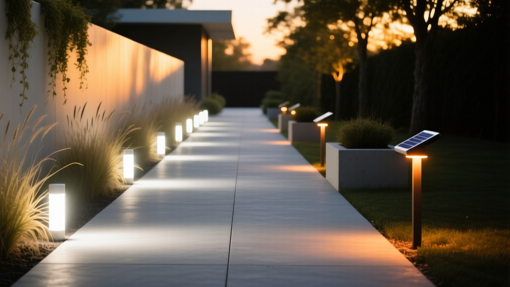 Illuminated walkway showing the wide beam spread of 12-volt low voltage LED path lights compared to the dim, narrow output of solar stake lights.