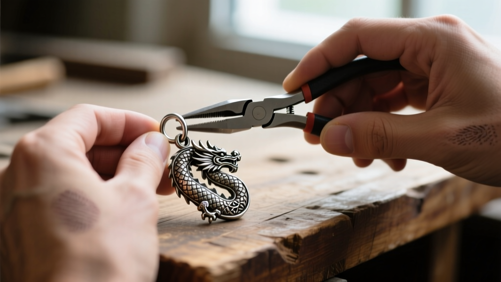Hands using flat-nose pliers to attach a 16-gauge stainless steel split ring to a metal dragon pendant on a wooden workbench.