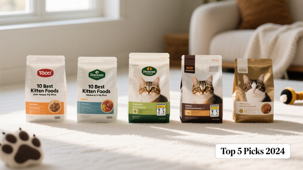 Side-by-side comparison of top 5 kitten food packages arranged neatly on a clean white surface