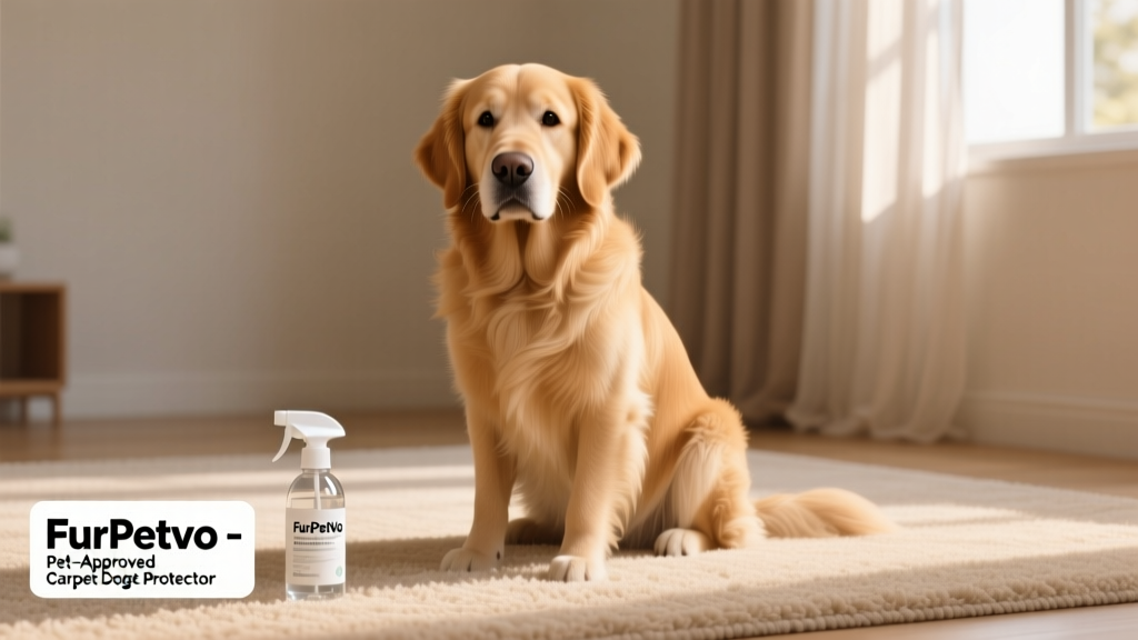 A calm, confident dog sitting beside a clean, dry carpet with a small FurPetVo spray bottle nearby